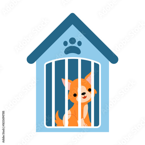 Cute homeless dog in a cage. Vector flat cartoon illustration isolated on white background. Concept of adoption and pet care in animal shelter.
