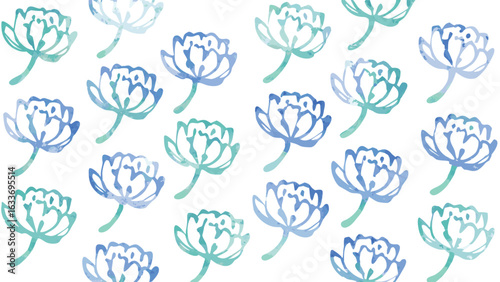 Repeating watercolor flower pattern with blue and green hues on a white background creating a seamless design