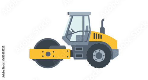 Isolated vector illustration shows a yellow road roller, a heavy construction vehicle, against a clean white background, ideal for educational or industrial designs.