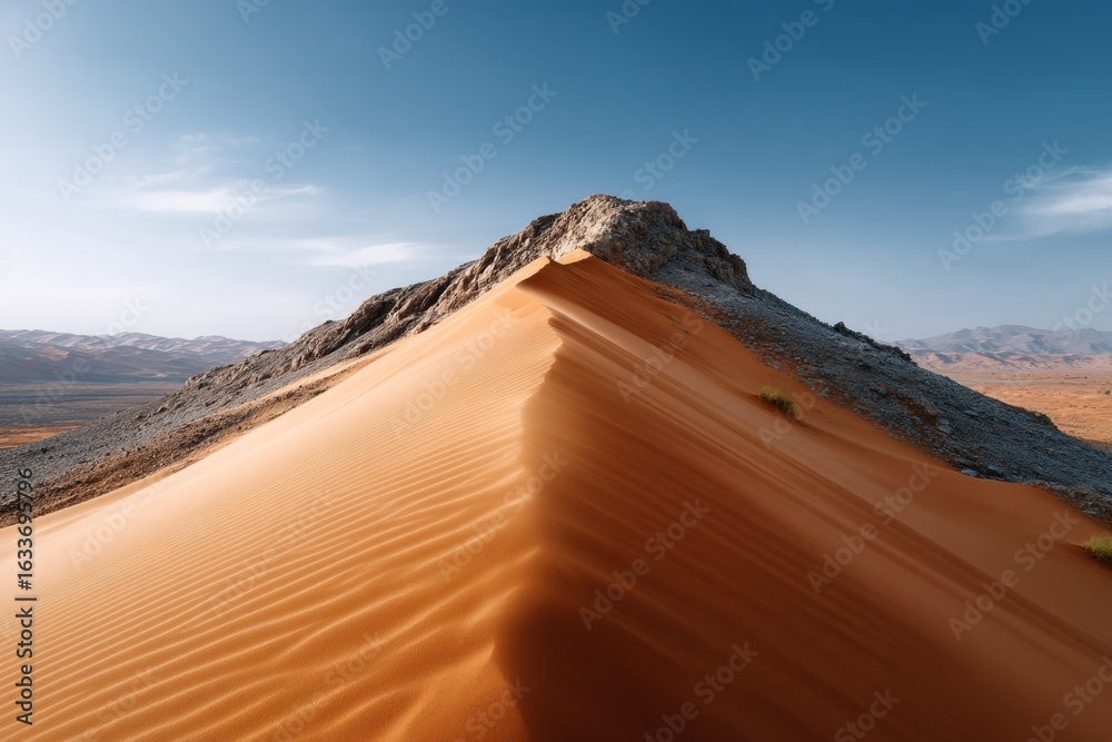 Fototapeta premium Majestic desert sand dune and rocky ridge under clear blue sky