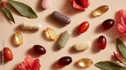 Assorted dietary supplements featuring capsules and soft gels amidst natural floral elements, creating a vibrant health-themed composition.
