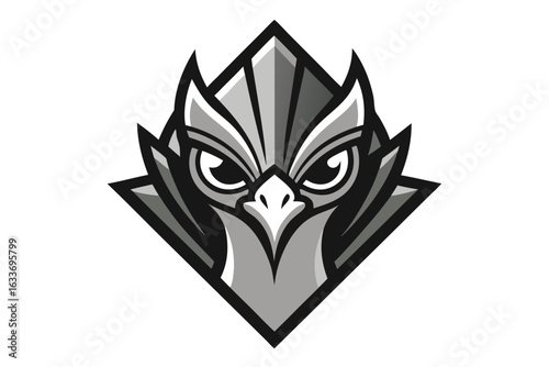 Stylized monochromatic owl head is centered within a diamond shape on white background