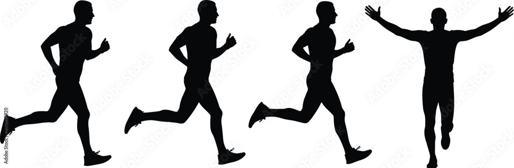 Obraz premium Running silhouette sequence, athlete motion, sprint stages, finish line pose, black figure, vector graphic, sports icon, race progression, victory gesture