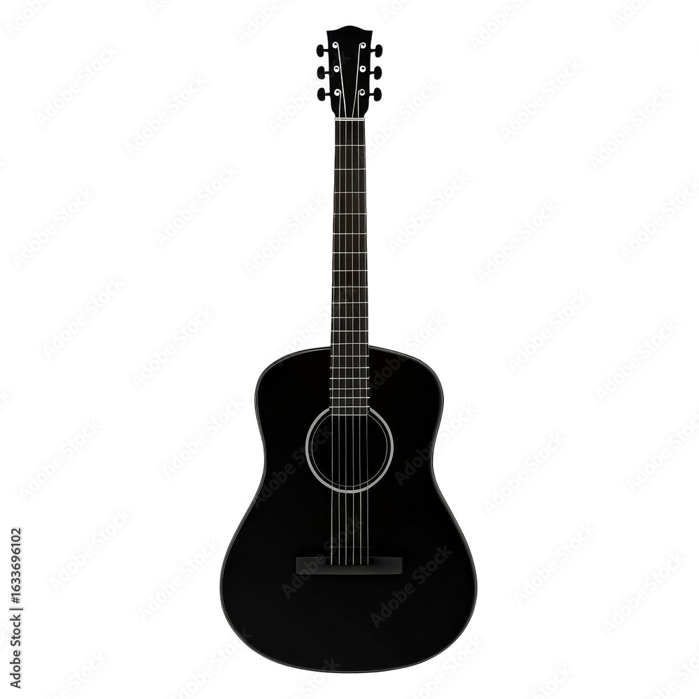 Naklejka premium Acoustic Guitar, Black Gloss Finish with Silver Hardware on Transparent Background