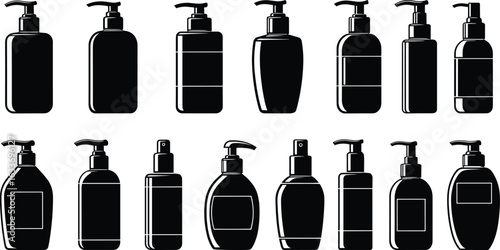 Silhouette bottle collection, liquid container icons, pump dispenser shapes, spray bottle design, cosmetic packaging set, black bottle illustration