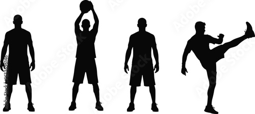 Silhouette exercise poses, standing figure, ball lift, leg kick, human motion, fitness icon, vector art, black shape, workout graphic
