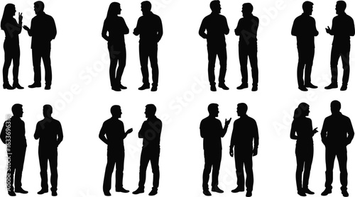 Silhouettes of people talking, communication poses, black figures, white background, body language, interaction, conversation, gesture, dialogue, teamwork, meeting, discussion, expressive stance