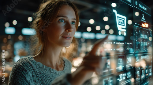 A woman uses a futuristic digital shopping interface, buying products in a modern store.