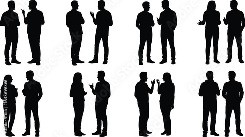 Silhouettes of people talking, communication concept, body language, gesture interaction, social conversation, teamwork, dialogue, human connection, discussion, meeting, interpersonal exchange