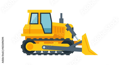 A bright yellow cartoon bulldozer, a powerful heavy construction vehicle, is depicted in a flat design illustration on a clean white background.