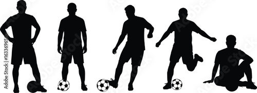 Soccer silhouette poses, standing with ball, kicking motion, running action, sitting figure, football player icon, vector graphic, black shape