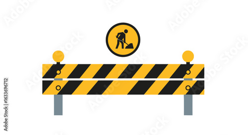 A bright yellow and black striped construction barrier with illuminated warning lights and a prominent work in progress sign, isolated on white.