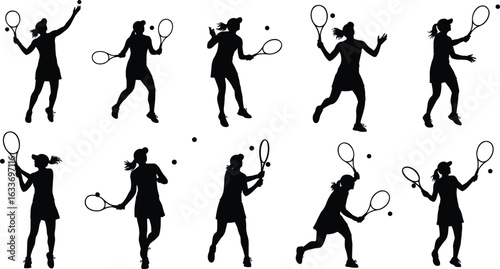 Tennis player silhouettes, racket action poses, sports movement illustration, serve and hit gestures, athletic clipart, dynamic vector design, ball interaction