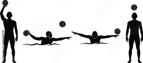 Water polo silhouettes, athletes in action, swimming with ball, sports poses, aquatic movement, competitive game, teamwork, fitness, dynamic energy