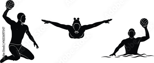 Water sports silhouettes, athletes in motion, swimming action, ball handling, aquatic fitness, dynamic poses, competitive game, sport energy, teamwork, focus