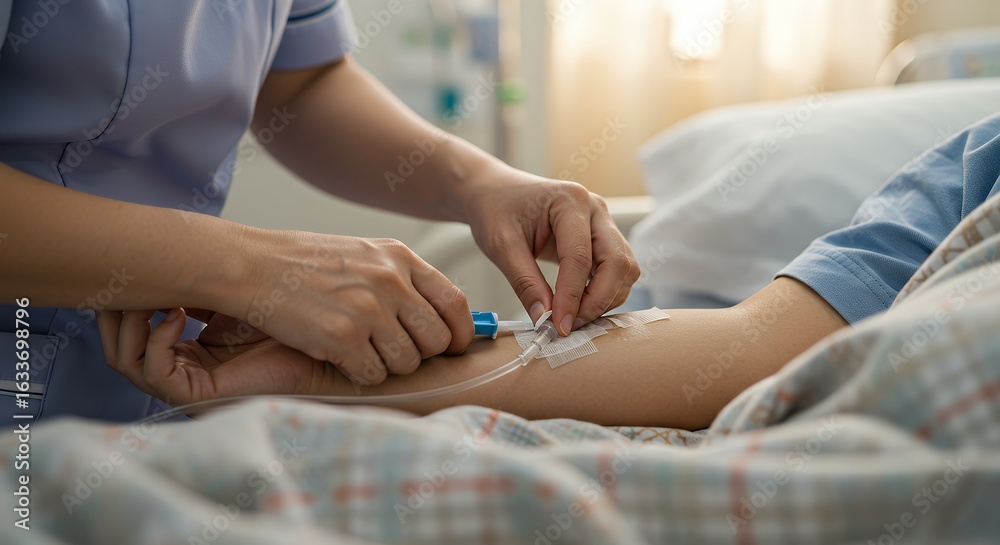 Fototapeta premium Healthcare professional administering intravenous fluid to a patient in hospital for medical treatment and recovery