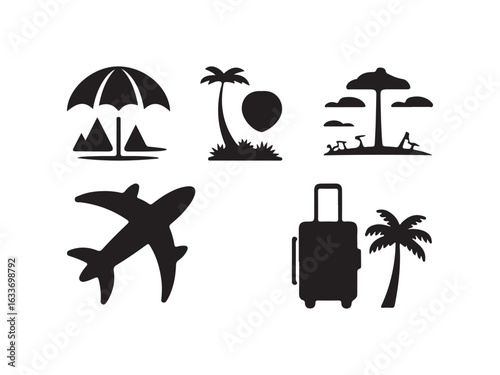 Collection of travel and vacation icons silhouette vector isolated on white background.