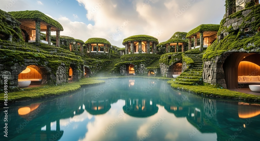 Obraz premium Structures covered in greenery surround a misty body of water under a cloudy sky.