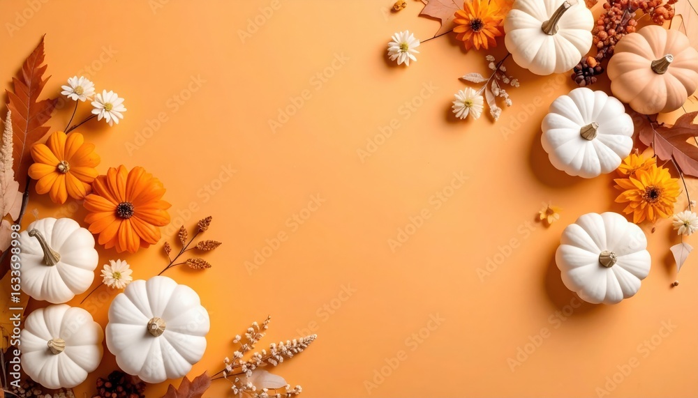 Obraz premium Autumn celebration of white and orange pumpkins cozy home decor festive scene indoor flat lay view seasonal aesthetics for fall