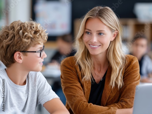 Friendly female teacher smiles, engaging with curious young male student wearing glasses during modern classroom lesson. This positive interaction highlights effective education, mentorship, focused