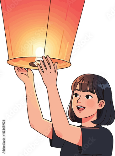 Cartoon woman releasing sky lantern festival celebration vector