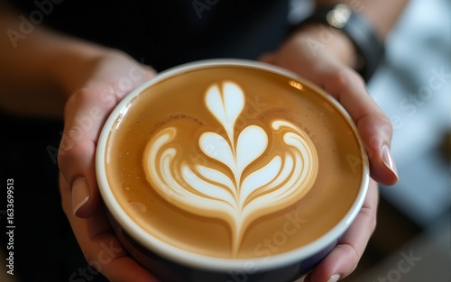a left-handed barista creating latte art, 4K steam and milk swirls forming a left-hand symbol lefthanders day. High quality