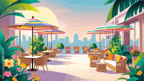 Charming rooftop terrace with colorful umbrellas and seating overlooking the city