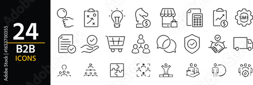B2B Icon Set: A collection of 24 business-to-business (B2B) icons, offering a versatile visual vocabulary for representing key concepts and processes within the professional and commercial sphere. 