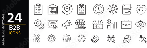 **B2B Icon Collection: A set of 24 distinct, flat design icons tailored for B2B applications, including business, technology, and networking.** 