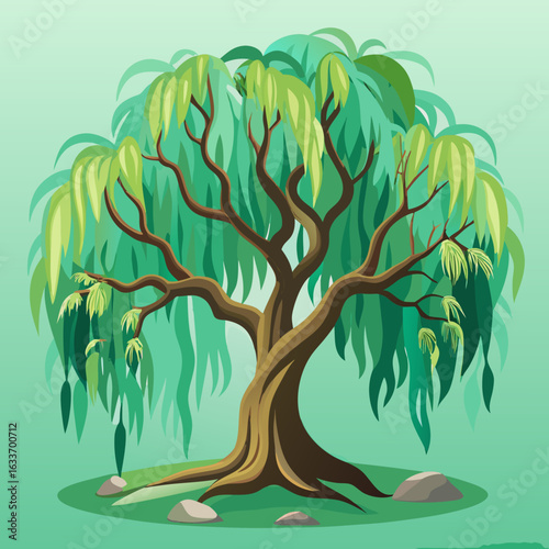 Stylized willow tree with drooping branches and soft green hues