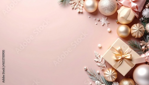 Festive holiday decorations christmas theme photo composition soft pink background aesthetic arrangement of ornaments and gifts