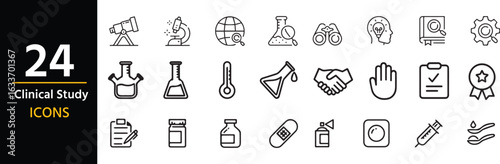 Clinical Study Icon Set: A comprehensive set of 24 meticulously designed, minimalist line icons representing various facets of clinical research, innovation and scientific exploration. 
