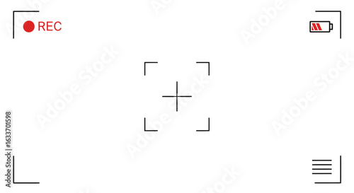 Clean camera viewfinder interface with crosshair focus, recording indicator, and battery status display