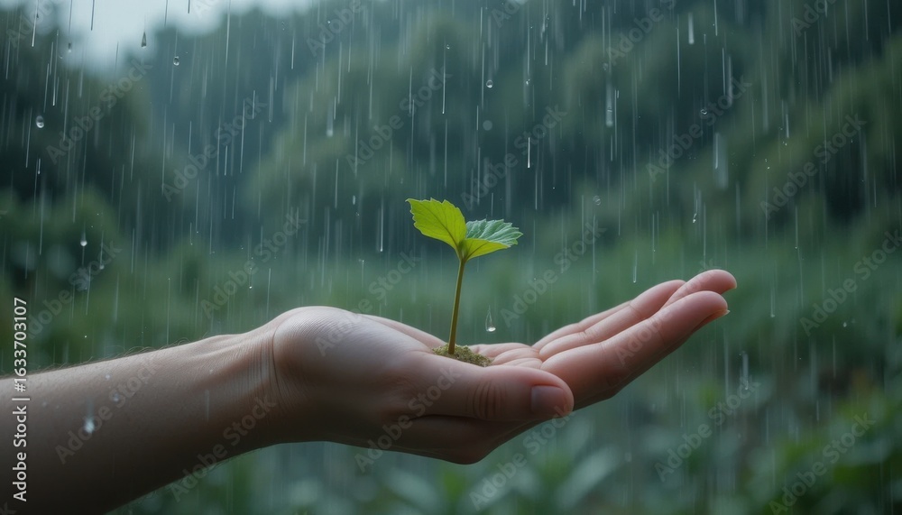 Hand Holding a Small Green Sprout in the Rain
Hand Holding a Small Green Sprout in the Rain