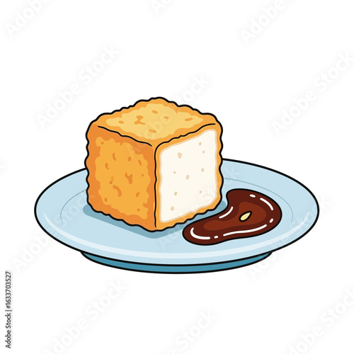 Cartoon illustration of a cubed piece of fried tofu on a plate with dipping sauce - SVG with Transparent Background