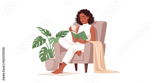 Woman reading book in armchair relaxing at home illustration