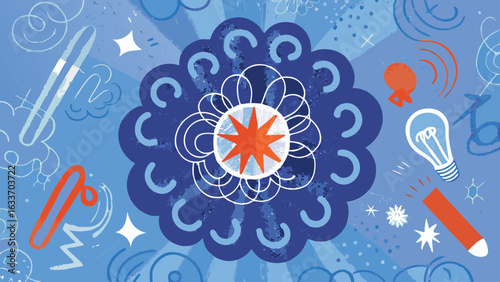 Illustration featuring a central floral design with surrounding elements like a lightbulb and a pencil sketch