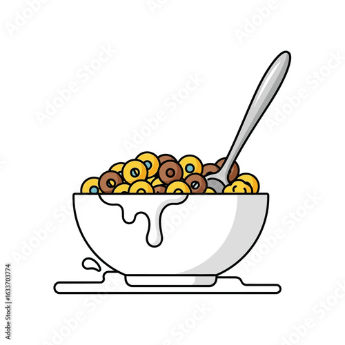 Bowl of colorful cereal with milk and a spoon transparent background