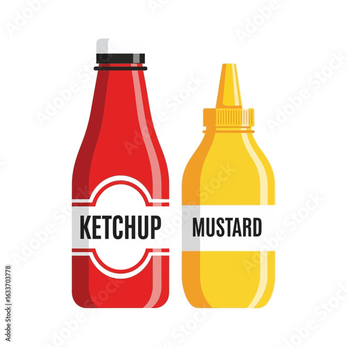 Two bottles of condiments, ketchup and mustard, displayed side-by-side on a transparent background