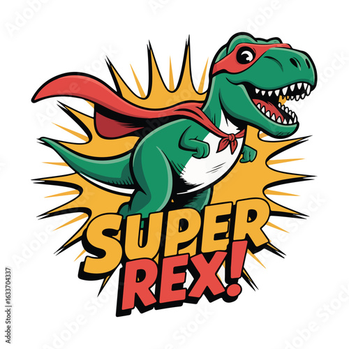 Illustration of a green dinosaur superhero with a red cape and mask tshirt design