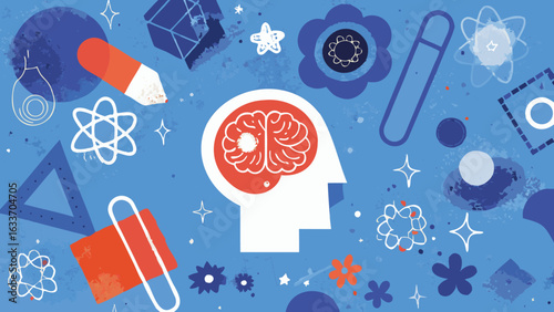 Illustration of a head with a brain inside surrounded by science and art elements on blue