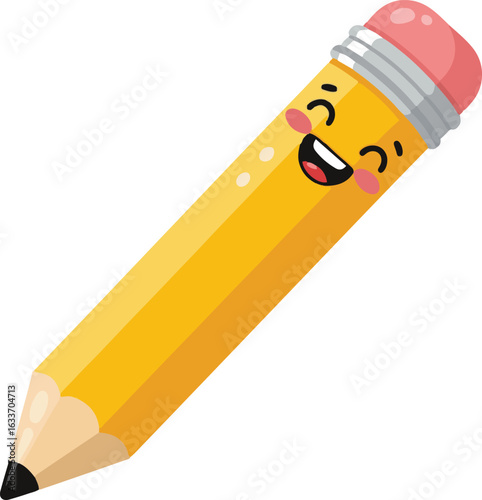 A cheerful illustration of a yellow pencil with a pixel art style and a happy expression. Ideal for educational materials, websites, and children's projects.