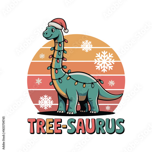 Cartoon sauropod with santa hat and christmas lights on retro backdrop tshirt design