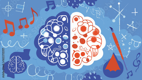 Illustration of a brain divided into logical and creative sides with musical notes and art tools