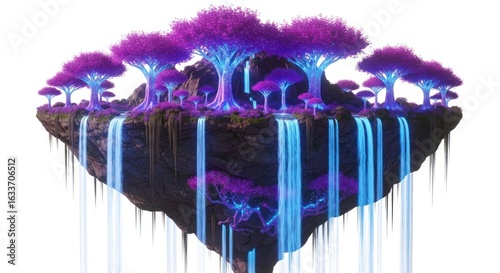 Fantasy floating island paradise with luminous waterfalls and magical purple trees