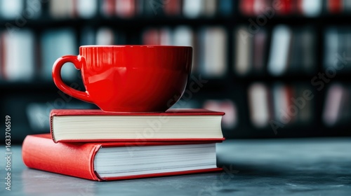 A red coffee cup on top of two red books.