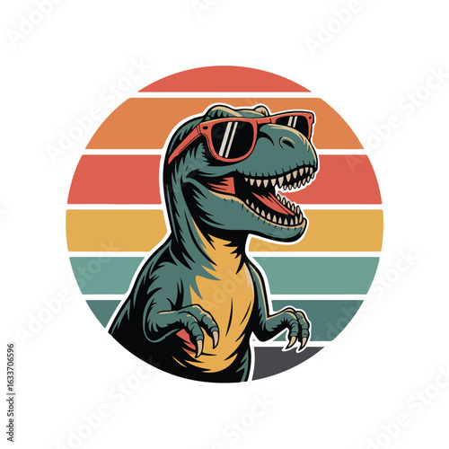 Cartoon dinosaur with sunglasses against a retro striped background tshirt design