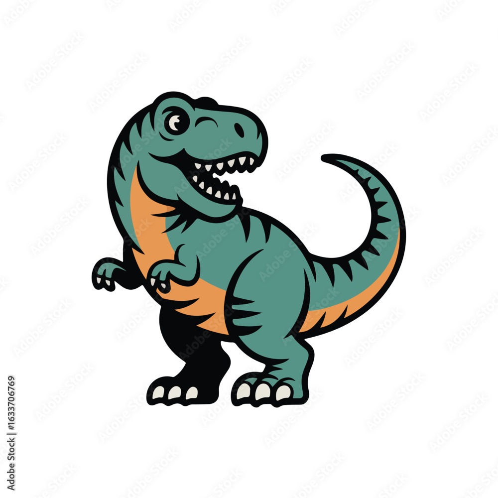 Fototapeta premium Cartoon illustration of a green tyrannosaurus rex on a white backdrop tshirt design