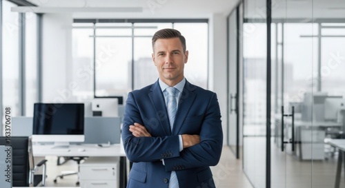 Wallpaper Mural Confident businessman in a suit with arms crossed standing in a modern office with large windows Torontodigital.ca