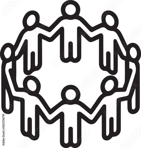 Unity circle of diverse people holding hands represents teamwork, cooperation, community, and global connection in a scalable vector graphic